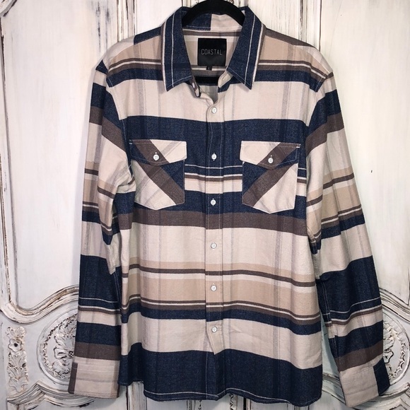 Men’s Costal Soft 100% Cotton Flannel Long Sleeve Button Down Size Large - Picture 1 of 9